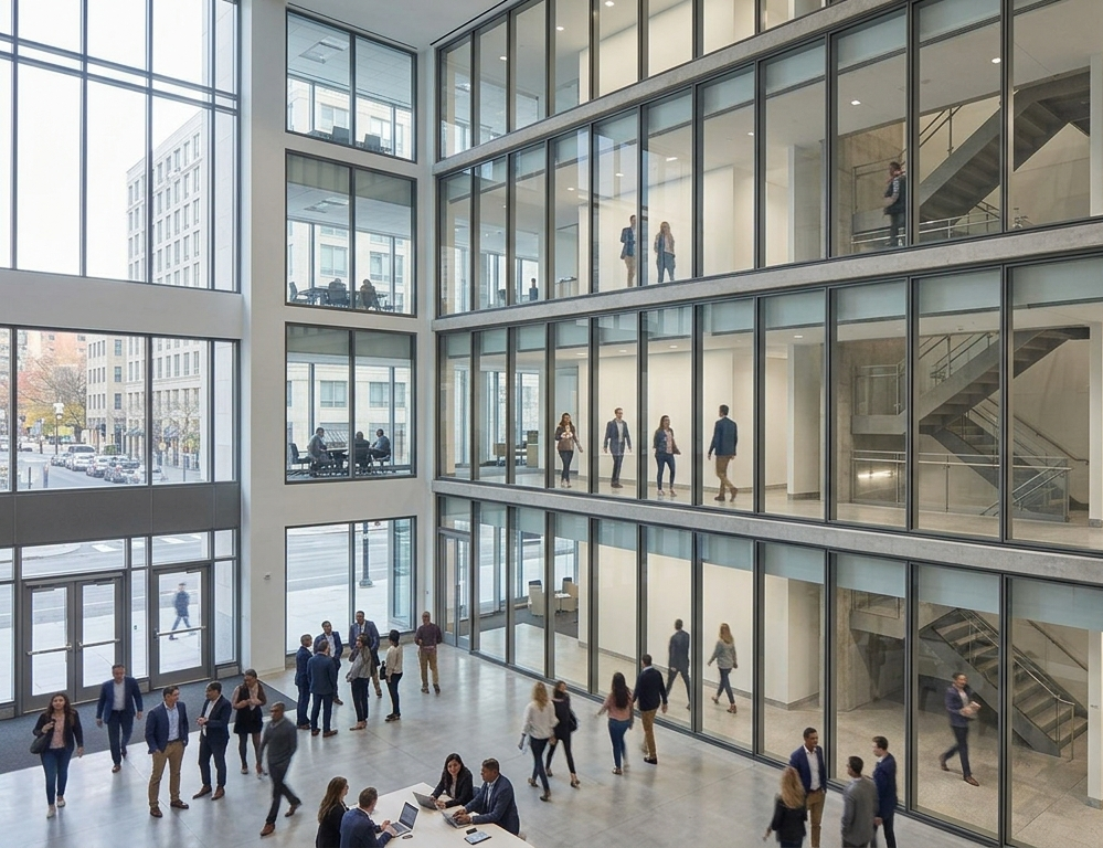 Aluflam fire-rated glass wall assembly for atrium compartmentation